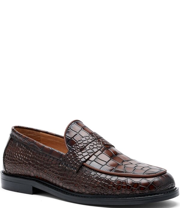 目じるしノーラン メンズ シューズ スリッポン・ローファー なめし革 Marc Nolan Men\u0027s Calum Croco Embossed Leather Penny Loafers Brown 赤銅色