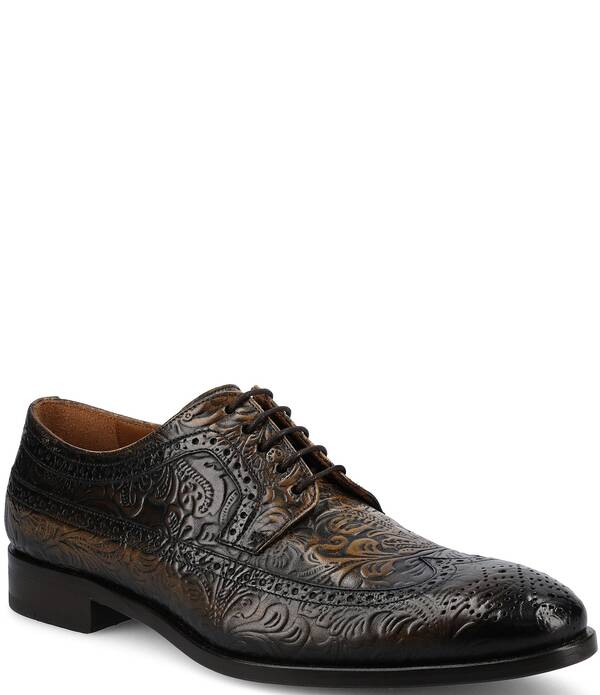 タフト メンズ シューズ ウィングチップ 御花柄 オックスフォード ブローグ なめし革 御花 Taft Preston Floral Embossed Leather Detail Brogue Wingtip Oxfords Oro Viejo