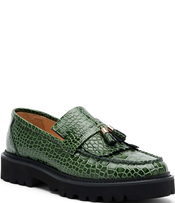 目じるしノーラン メンズ シューズ スリッポン・ローファー なめし革 Marc Nolan Men\u0027s Journey Croco Embossed Leather Lug Kiltie Tasseloafers Green 緑であること