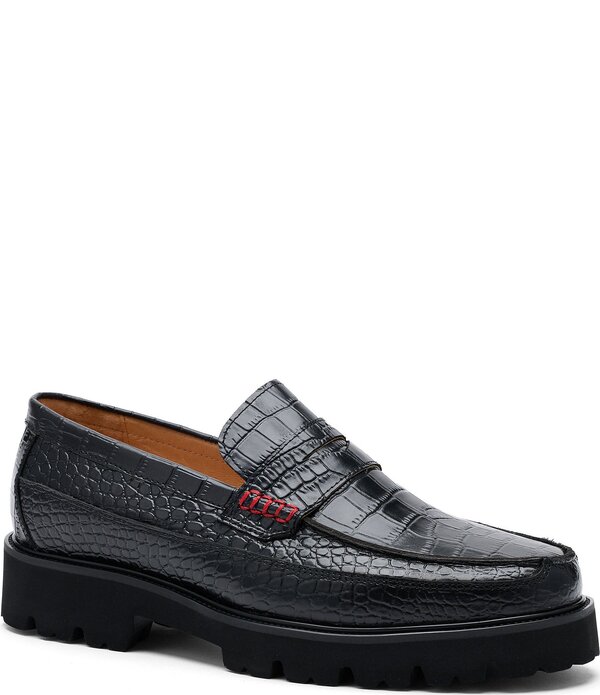 目じるしノーラン メンズ シューズ スリッポン・ローファー なめし革 Marc Nolan Men\u0027s Adler Croco Embossed Leather Penny Loafers Black 黒いこと