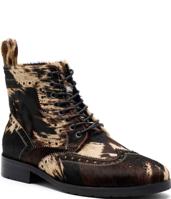 目じるしノーラン メンズ シューズ ブーツ・レインブーツ ウィングチップリント ブローグ Marc Nolan Men\u0027s Belmont Cow Print Wingtip Brogue Detail Combat Boots Brown 赤銅色
