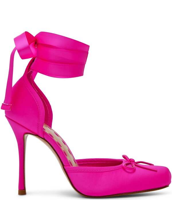 スティーブ マデン レディース シューズ 踵 繻子 スピード競技 Steve Madden Larina Satin Ballet Square Toe Stiletto Lace Up Dress Pumps Hot Pink サクラ色