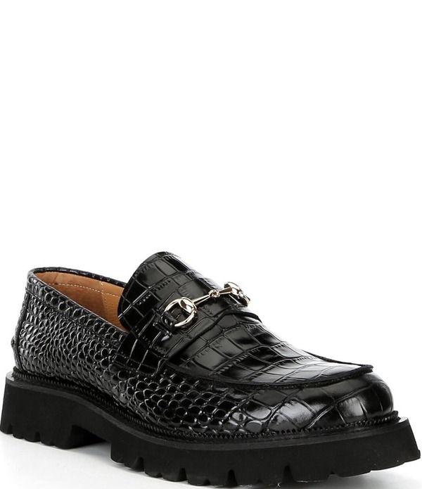 目じるしノーラン メンズ シューズ スリッポン・ローファー なめし革 Marc Nolan Blake Croco Embossed Leather Bit Buckle Lug Loafers Black 黒いこと