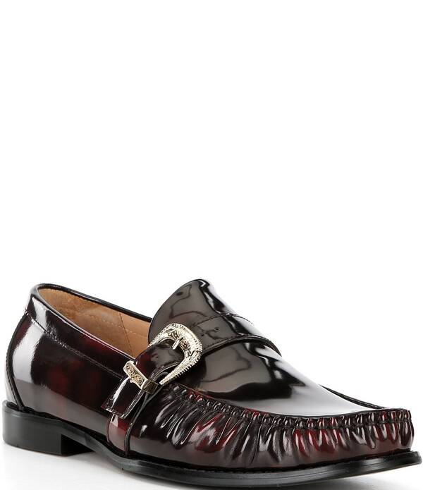 目じるしノーラン メンズ シューズ スリッポン・ローファー なめし革 Marc Nolan Men\u0027s Cato Patent Leather Buckle Hardware Loafers Burgundy バーガンディ