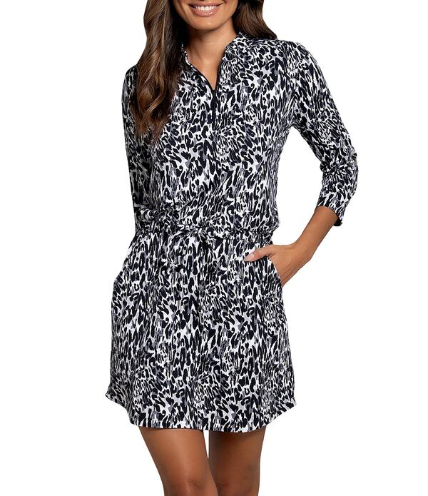 アイビークール レディース トップス 衣装 毛の荒物柄 刷り上げる 編み物 IBKUL Karen Animal Print Mandarin Collar 3/4 Sleeve Stretch Knit Above Knee Dress Karen Black/Grey 黒いこと
