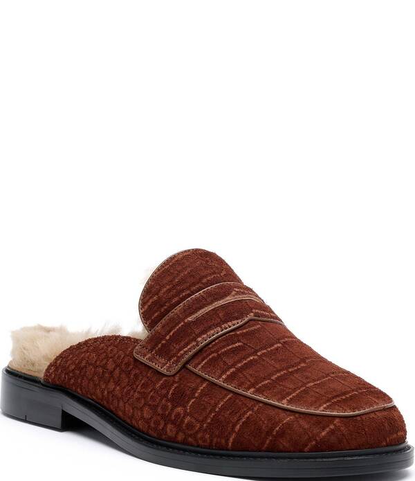 目じるしノーラン メンズ シューズ スリッポン・ローファー スエードクロス Marc Nolan Men\u0027s Del Mar Croco Embossed Suede Penny Loafer Mules Brown 赤銅色