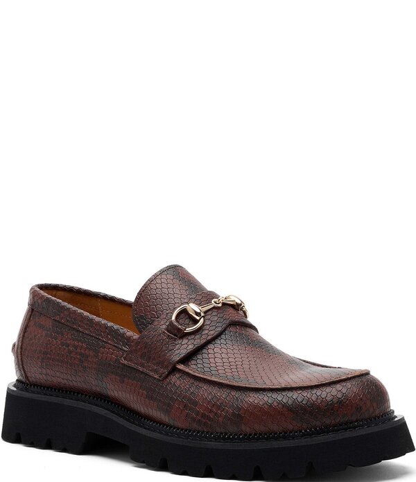 目じるしノーラン メンズ シューズ スリッポン・ローファー なめし革 Marc Nolan Men\u0027s Blake Snakembossed Leather Bit Buckle Lug Loafers Brown 赤銅色