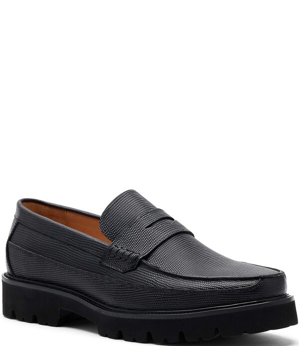目じるしノーラン メンズ シューズ スリッポン・ローファー なめし革 Marc Nolan Men\u0027s Adler Lizard Embossed Leather Lug Penny Loafers Black 黒いこと