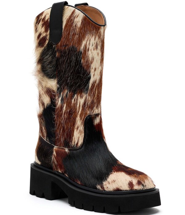 目じるしノーラン レディース シューズ ブーツ・レインブーツ プッディングトール Marc Nolan Women\u0027s Daisy Cow Print Hair Calf Lug Sole Tall Western Boots Dark Horse