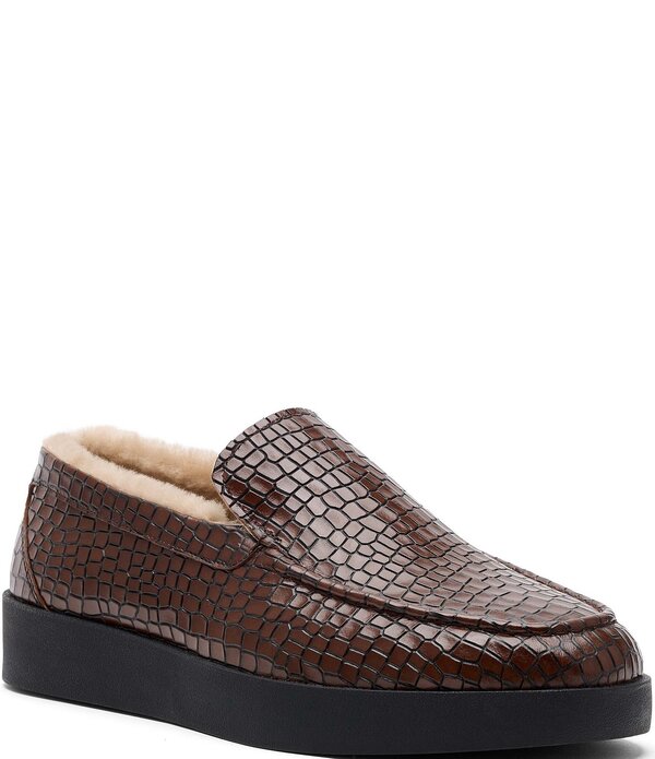 目じるしノーラン メンズ シューズ スリッポン・ローファー なめし革 Marc Nolan Men\u0027s Remy Croco Embossed Leather and Shearling Loafers Brown 赤銅色