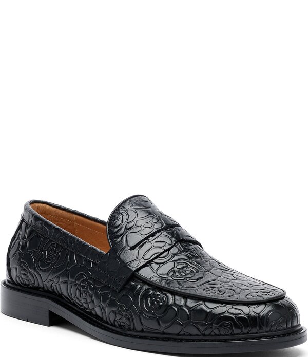 目じるしノーラン メンズ シューズ スリッポン・ローファー 御花柄 なめし革 御花 Marc Nolan Men\u0027s Calum Floral Embossed Leather Penny Loafers Black 黒いこと