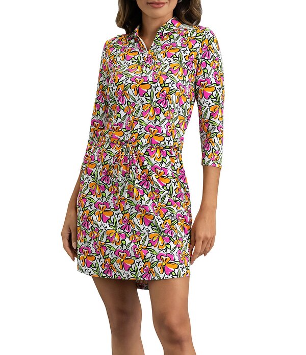 アイビークール レディース トップス 衣装 刷り上げる IBKUL Sonia Print Collared 3/4 Sleeve Above Knee Dressonia Hot Pink/Orange Peel サクラ色