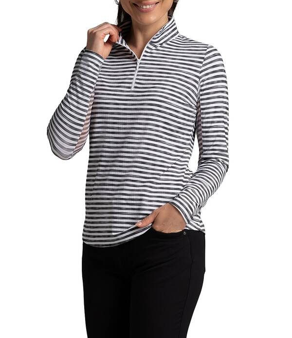アイビークール レディース トップス シャツ モックネック IBKULandon Stripe Zip Mock Neck Long Sleeve Top Landon Stripe II Black/White ホワイト|ReVida 店