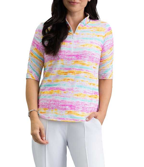 アイビークール レディース トップス シャツ プリント IBKUL Gia Printed 1/4 Zip Mandarin Collared Elbow Sleeve Top Gia Hot Pink Multi ピンク|ReVida 店