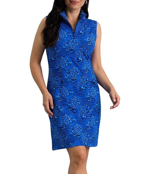アイビークール レディース トップス 衣装 モックネック 毛の荒物柄 刷り上げる ノースリーブ IBKUL Animal Print Zip Mock Neck Sleeveless Dress Yun Blue 青色