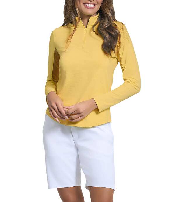アイビークール レディース トップス シャツ ハーフジップ モックネック IBKUL Quarter Zip Mock Neck Long Sleeve Top Lemonade｜ReVida 店