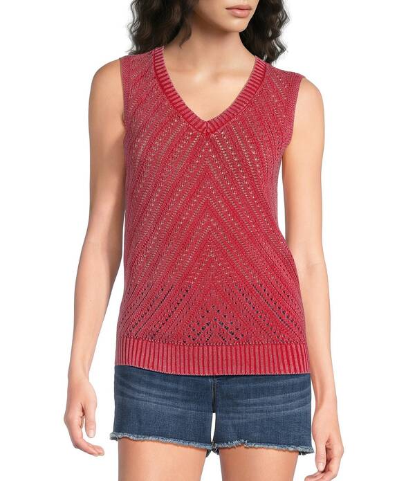 シティブルース レディース アウター より良い ノースリーブ City Bluesleeveless Acid Wash Crochet Vest Red 赤いこと