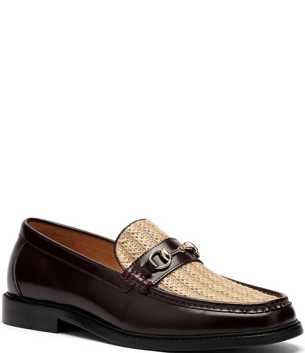 目じるしノーラン メンズ シューズ スリッポン・ローファー なめし革 Marc Nolan Men\u0027s Boardwalk Raffiand Leather Horse-Bit Loafers Burgundy/Raffia バーガンディ