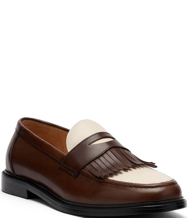 目じるしノーラン メンズ シューズ スリッポン・ローファー 色合い差しつかえる なめし革 Marc Nolan Men\u0027s Clint Colorblock Calf Leather Kiltie Penny Loafers Brown/White 白いこと