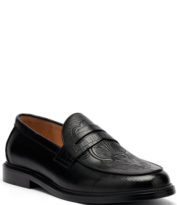 目じるしノーラン メンズ シューズ スリッポン・ローファー なめし革 Marc Nolan Men\u0027s Calum Embossed Bull Croco Leather Penny Loafers Black 黒いこと