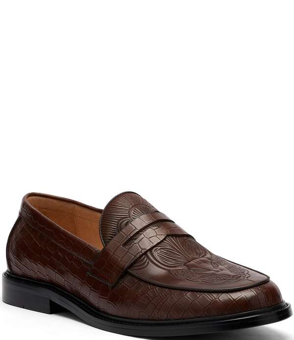 目じるしノーラン メンズ シューズ スリッポン・ローファー なめし革 Marc Nolan Men\u0027s Calum Embossed Bull Croco Leather Penny Loafers Brown 赤銅色
