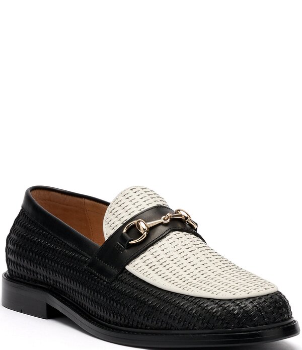 目じるしノーラン メンズ シューズ スリッポン・ローファー なめし革 Marc Nolan Men\u0027s Boardwalk Woven Leather Horse-Bit Loafers Black/Woven 黒いこと