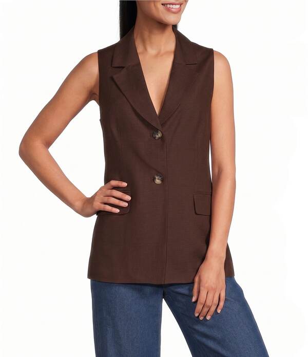 アンクライン レディース アウター より良い プチ リネン Anne Klein Petite Notch Collar Linen Blend Vest Dark Chocolate 黒茶