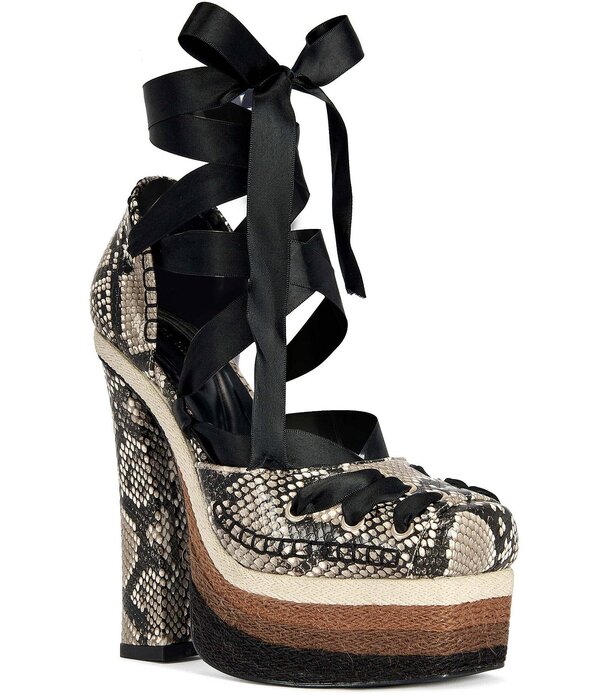 アザレア 壱 レディース シューズ 踵 プラットホーム 刷り上げる 色合い差しつかえる アンクル Azalea Wang Fonteyn Snake Print Ankle Tie Colorblock Platform Block Heel Pumps Brown Multi 赤銅色