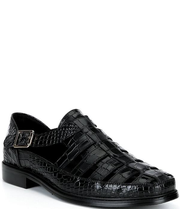 目じるしノーラン メンズ シューズ スリッポン・ローファー サンダル なめし革 Marc Nolan Men\u0027s Croc Embossed Leather Mariner Fisherman Sandal Black 黒いこと