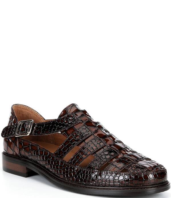 目じるしノーラン メンズ シューズ スリッポン・ローファー サンダル なめし革 Marc Nolan Men\u0027s Croc Embossed Leather Mariner Fisherman Sandal Brown 赤銅色