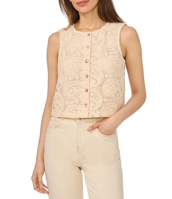セセ レディース アウター 限りない 労働者の一団首っ玉 ノースリーブ スピード競技 CeCe Paisley Lace Crew Neck Sleevelesscallop Coordinating Vest Natural