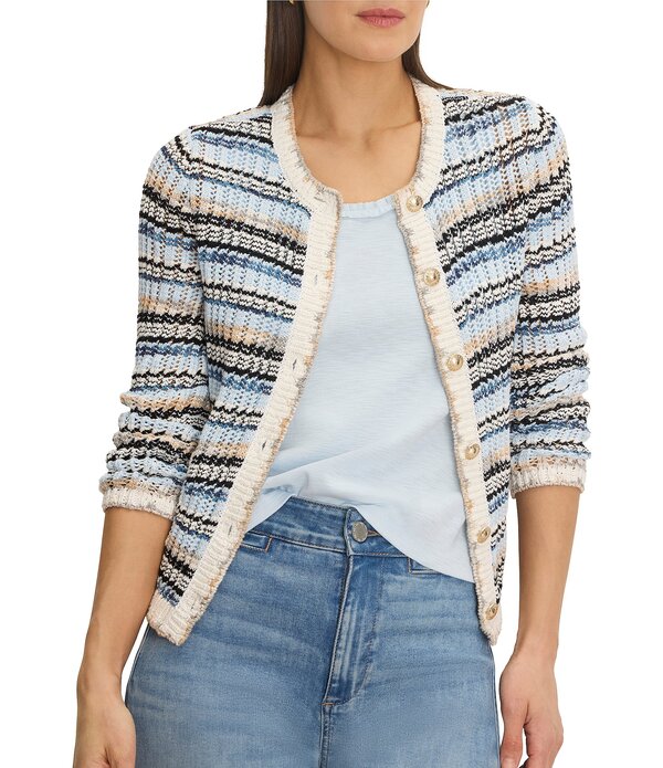ニックアンドゾー レディース アウター 編み物・スウェーター ジレー NIC + ZOE Coastlines Knit Stripe Round Neck Long Sleeve Button-Front Cardigan Blue Multi 青色