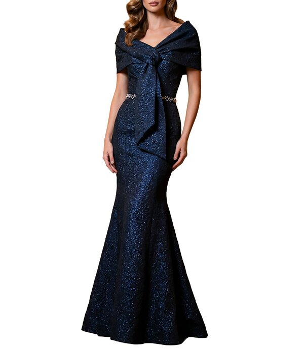 テラニクチュール レディース トップス 衣装 Terani Couture Brocade Twisted Short Sleeve Beaded Waist Mermaid Gownavy 米国海軍