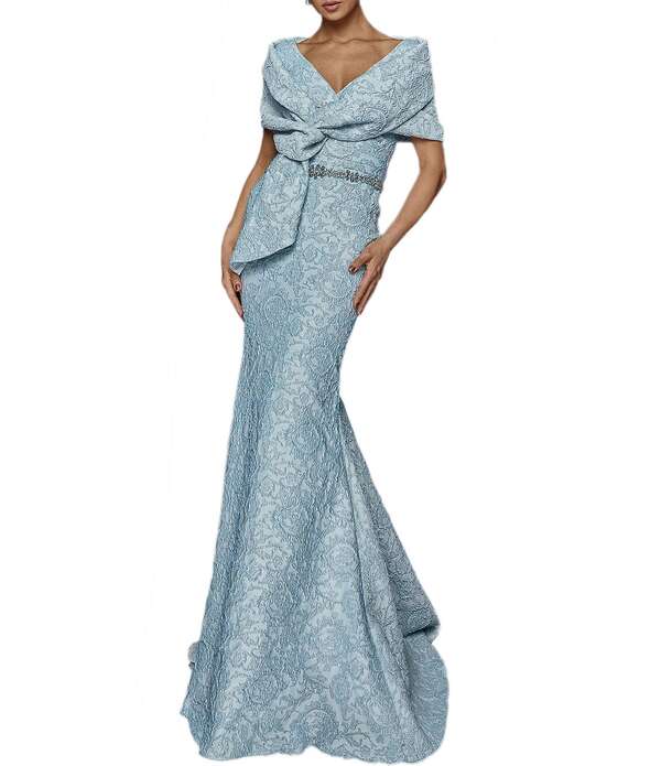 テラニクチュール レディース トップス 衣装 Terani Couture Brocade Twisted Short Sleeve Beaded Waist Mermaid Gown Powder Blue 青色