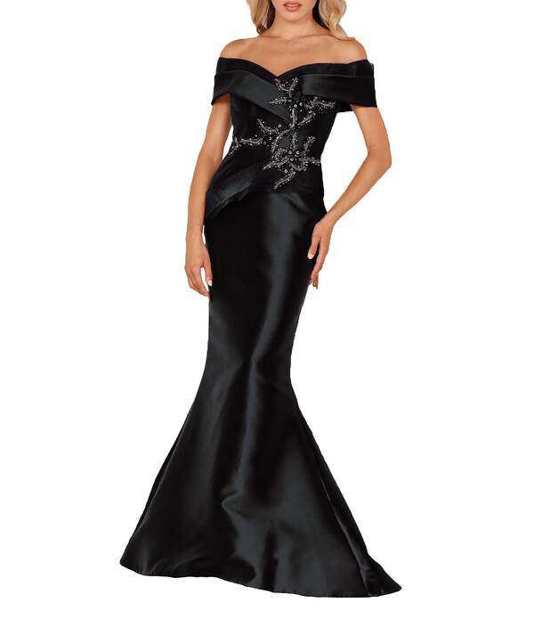テラニクチュール レディース トップス 衣装 Terani Couture Beaded Off-the-Shoulder Mermaid Gown Black 黒いこと