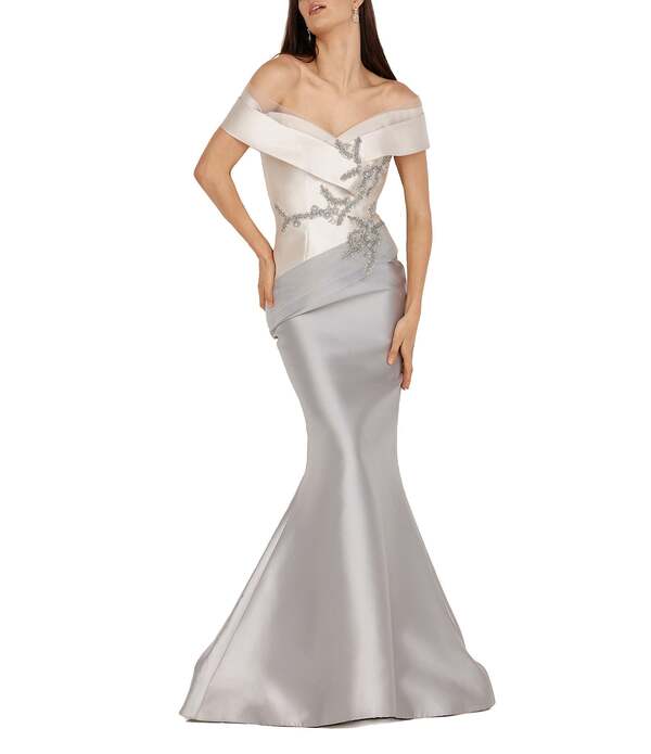 テラニクチュール レディース トップス 衣装 Terani Couture Beaded Off-the-Shoulder Mermaid Gown Champagne Rose 三鞭酒