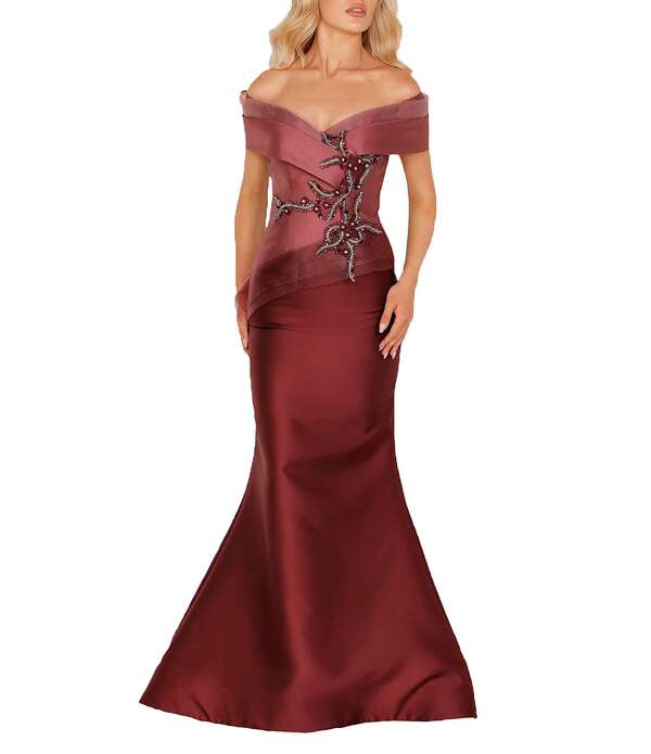 テラニクチュール レディース トップス 衣装 Terani Couture Beaded Off-the-Shoulder Mermaid Gown Mauve Wine ぶどう酒