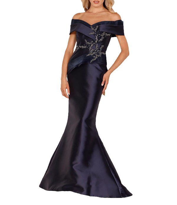 テラニクチュール レディース トップス 衣装 Terani Couture Beaded Off-the-Shoulder Mermaid Gownavy Navy 米国海軍