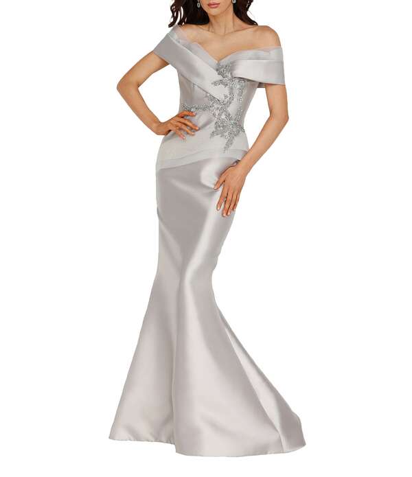 テラニクチュール レディース トップス 衣装 Terani Couture Beaded Off-the-Shoulder Mermaid Gown Taupe トープ