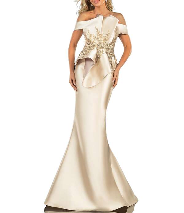 テラニクチュール レディース トップス 衣装 御花柄 筋目 御花 Terani Couture Off-the-Shoulder Pleated Floral Beaded Bodice Mermaid Gown Almond Champagne 三鞭酒