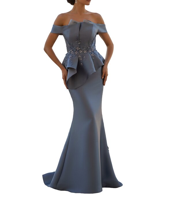 テラニクチュール レディース トップス 衣装 御花柄 筋目 御花 Terani Couture Off-the-Shoulder Pleated Floral Beaded Bodice Mermaid Gown Denim Slate スレート