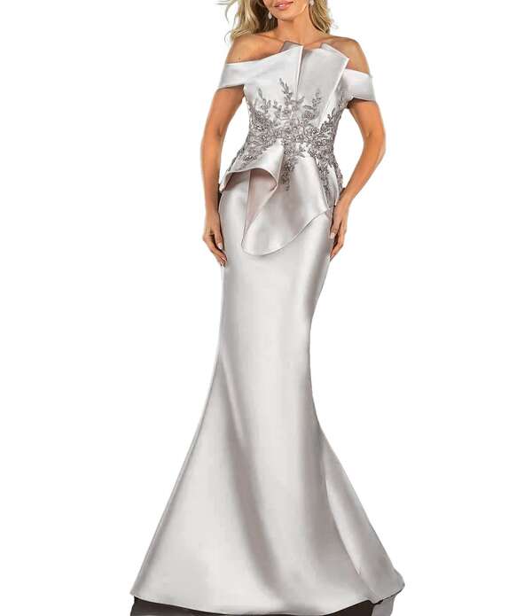 テラニクチュール レディース トップス 衣装 御花柄 筋目 御花 Terani Couture Off-the-Shoulder Pleated Floral Beaded Bodice Mermaid Gown Silver Taupe トープ