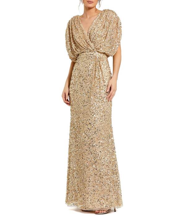 マックダガル レディース トップス 衣装 Vのど首 ドレープ スパンコール Mac Duggal Sequin Surplice V-Neck Draped 3/4 Sleeve Blouson Bodice Sheath Gownude Gold ゴールド