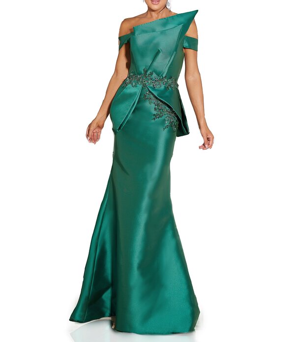 テラニクチュール レディース トップス 衣装 オーバーレイ スコート Terani Couture Off-the-Shoulder Tulle Overlay Skirt Mikado Mermaid Gown Emerald エメラルド