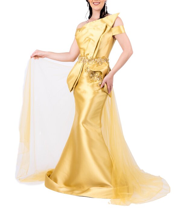 テラニクチュール レディース トップス 衣装 オーバーレイ スコート Terani Couture Off-the-Shoulder Tulle Overlay Skirt Mikado Mermaid Gown Gold ゴールド