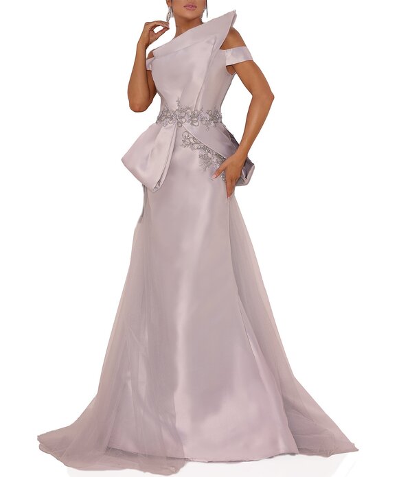 テラニクチュール レディース トップス 衣装 オーバーレイ スコート Terani Couture Off-the-Shoulder Tulle Overlay Skirt Mikado Mermaid Gown Silver しろがね色
