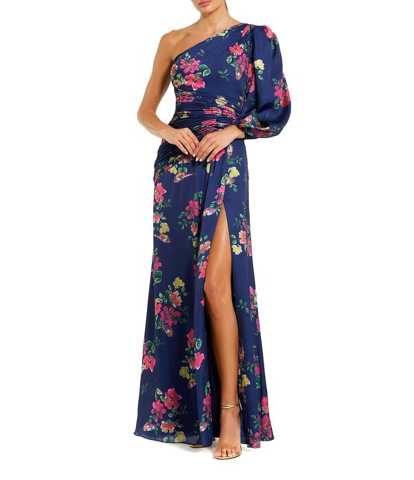 マックダガル レディース トップス 衣装 御花柄 向こう正面細長い切口 御花 Mac Duggal Floral One Shoulder One Long Sleeve High Front Slit Gownavy Floral 米国海軍