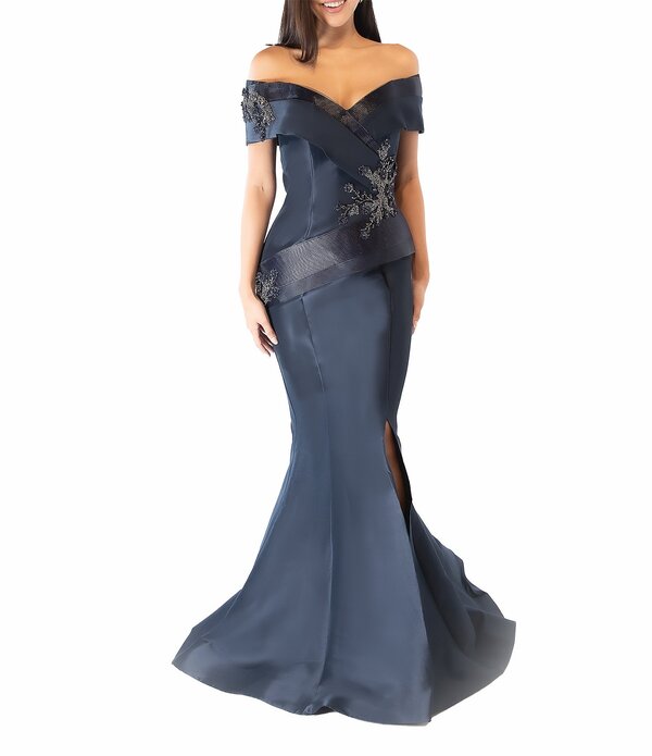 テラニクチュール レディース トップス ワンピース プリーツ Terani Couture Pleated Off-the-Shoulder Short Sleeve Mermaid Gownavy ネイビー｜ReVida 店