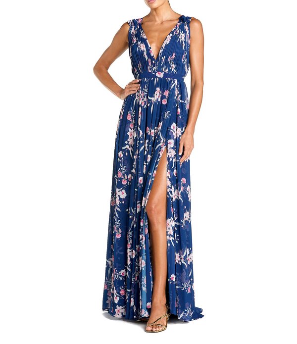 マックダガル レディース トップス ワンピース Vネック シフォン A ライン プリーツ フリル ノースリーブ Mac Duggal Pleated Chiffon V-Neck Ruffle Sleeveless A-Line Gown Blue Multi ブルー｜ReVida 店 47,280円