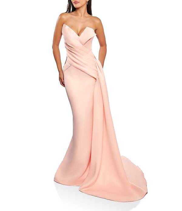 テラニクチュール レディース トップス 衣装 ドレープ 繻子 ストラップレス ノースリーブ Terani Couture Satin Straplessleeveless Drape Side Mermaid Gown Blush 毛はらい